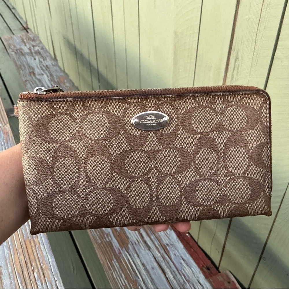 Coach Brown Signature Coated Canvas Double Corner Zip Wallet Wristlet/Purse